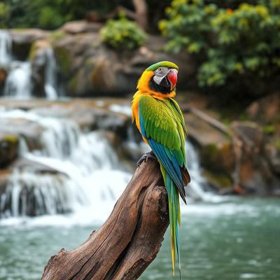 The primary subject of the image is a colorful parrot perched on a tree branch. The setting is a lush green forest with a waterfall in the background. The visual style is a photo of the parrot in its natural habitat. The colors and mood of the image are vibrant and lively, with the parrot being the focal point of the scene.
